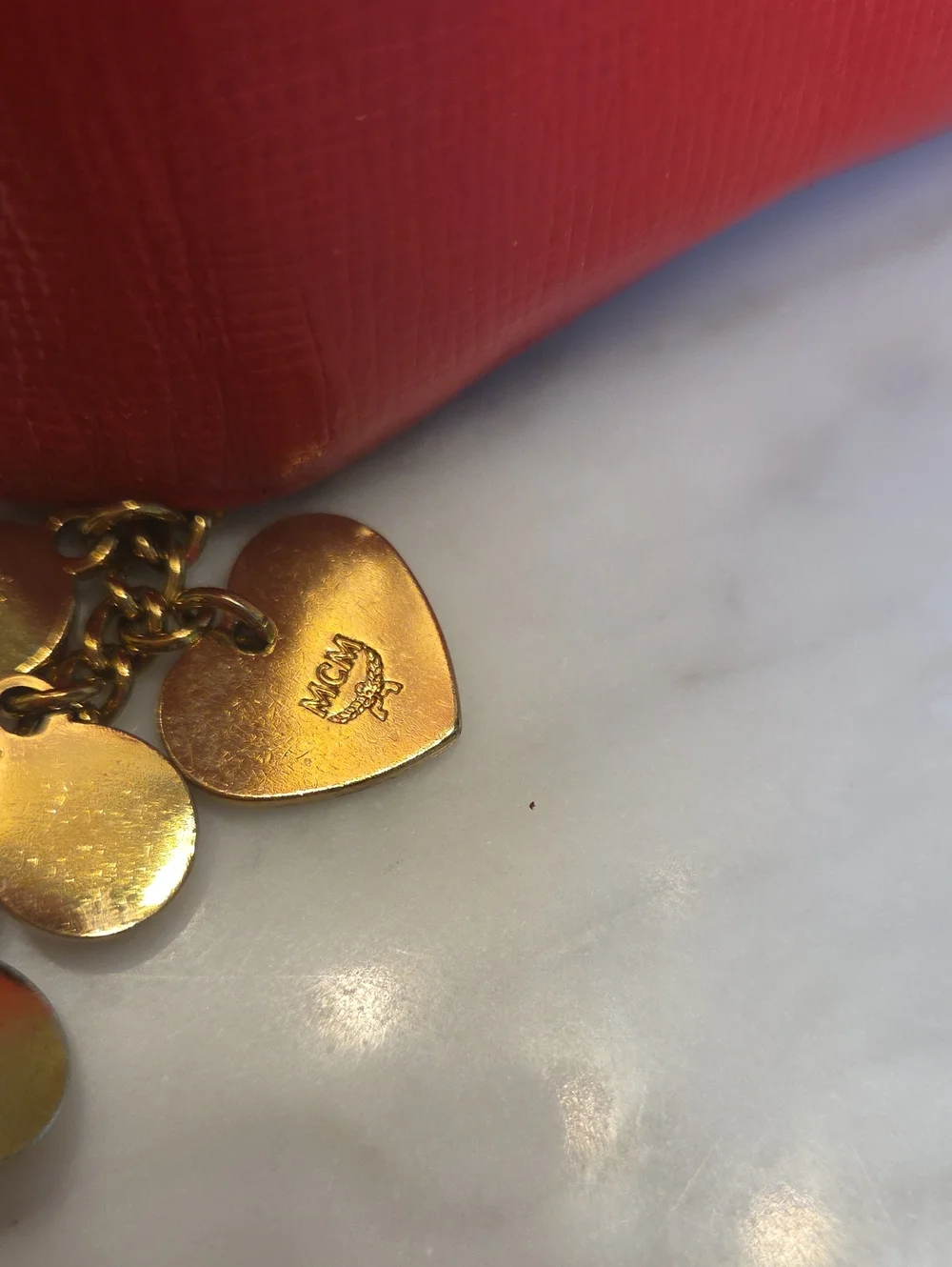 EUC Customized MCM Red Leather Compact Trifold Wallet with Gold Logo Charm ❤️🩷❤